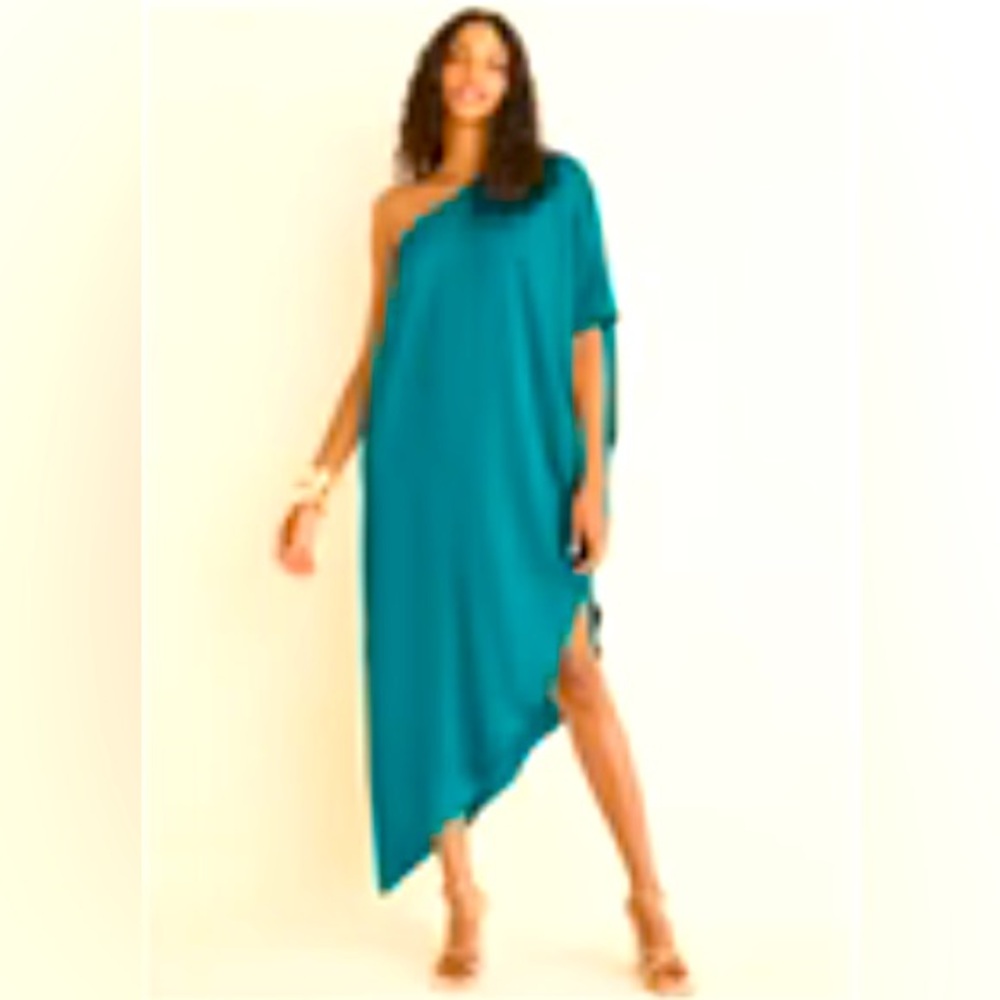 Turquoise green one shoulder luxe caftan flowing dress